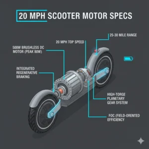 Diagram detailing the motor specifications of a high-performance 20 mph scooter. 