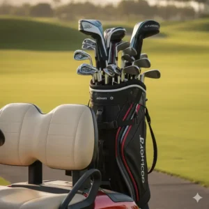 Detailed view of the secure and padded holder designed to accommodate a standard golf bag on the 3 wheel electric golf cart.