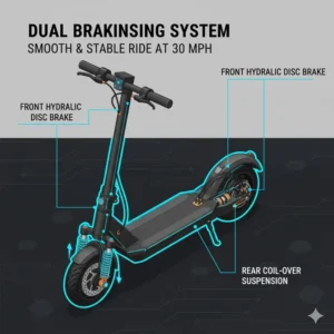 Safety-focused braking mechanism on a 30 miles per hour electric scooter for reliable stops. 