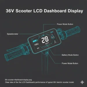 Clear view of the LCD dashboard display on a 36V electric scooter showing speed and battery level.