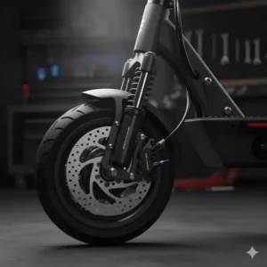 Close-up of the essential hydraulic disc brakes for safety on the fast 70 mph electric scooter for sale.