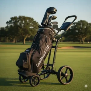 Detail showing the golf bag securely mounted onto the 2 wheel golf push cart.