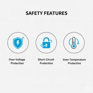 Iconography highlighting the overcharge and short-circuit protection safety features of a 24v electric scooter battery charger.
