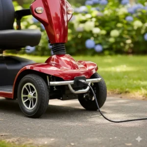 Highlighting the convenient charging port on a 2 seater mobility scooter for adults.