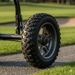 Detailed shot of the large, durable, all-terrain rear wheels of a rugged 3 wheel golf cart for sale.
