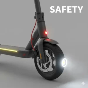 Detail shot of the efficient disc brakes and lights on a 2 wheel electric scooter, ensuring rider safety.