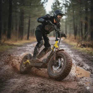"An electric scooter off road tires expertly navigating a muddy, wet trail, showcasing superior grip and stability in challenging conditions."