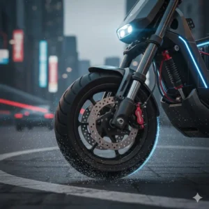 Detail shot of the robust hydraulic brakes and suspension of a fast electric scooter 60mph, emphasizing safety features.