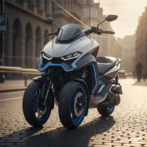 View of the engine and lower chassis of the scooter with two wheels in front, showing the suspension components.