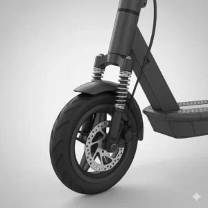 Large, solid wheels and front suspension system on a 2 wheeled stand up scooter designed for a smooth ride.