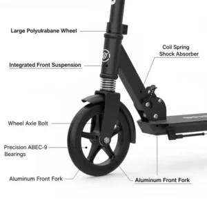 Large, shock-absorbing wheels and suspension system on the 2 foot scooter for a smooth ride.