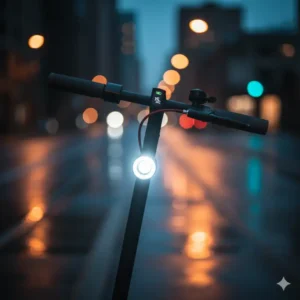 Detail shot of the bright LED headlight and reinforced handlebar on a commuter electric scooter. 