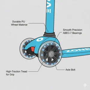 Detailed view of the durable PU wheels and smooth bearings on a high-quality two wheel scooter for kids.