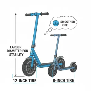"Visual comparison illustrating the superior ride comfort of a 12 inch tire electric scooter over models with smaller wheels." 