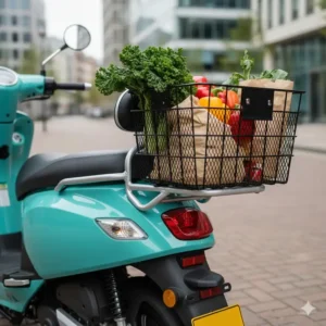 View of the rear storage basket or compartment, useful for grocery shopping on the 2 seater electric scooter. 