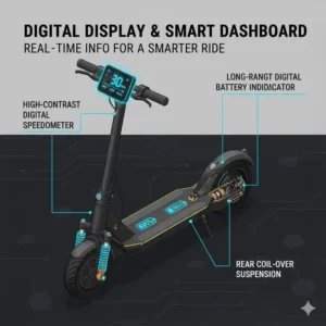Digital display dashboard of a 30 miles per hour electric scooter showing speed and battery. 
