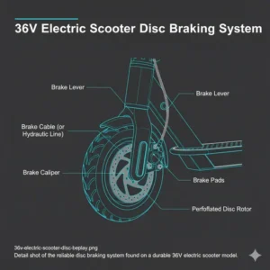 Detail shot of the reliable disc braking system found on a durable 36V electric scooter.