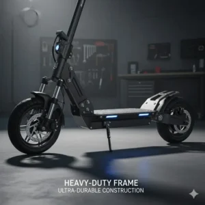 Detail of the heavy-duty, reinforced suspension and frame of the 70 mph electric scooter for sale.