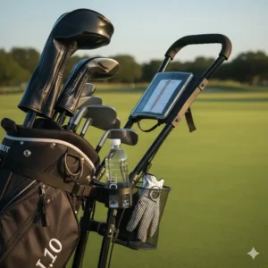The handle console and accessories of the 2 wheel golf push cart including a scorecard and drink holder.