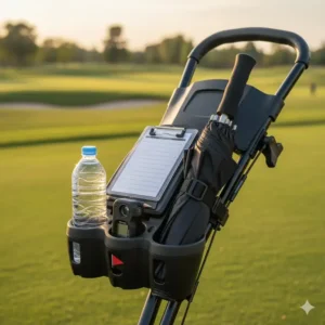 Image showcasing a 3 wheel golf cart accessory holder, including space for a water bottle, umbrella, and rangefinder.