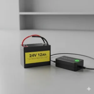 Image of a common Sealed Lead Acid (SLA) or Gel battery used in scooters, suitable for a quality 24v electric scooter battery charger.