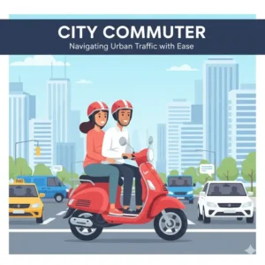 A compact 2-seater scooter navigating busy city traffic, ideal for urban commuting. 