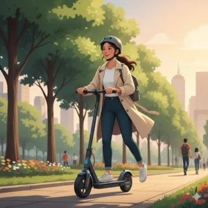 A person using their 2 wheel electric scooter to commute through a park, illustrating sustainable urban travel.