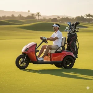 Side-profile view of a person comfortably driving the ergonomic 3 wheel electric golf cart on the fairway.
