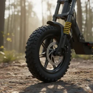 "Close-up of an electric scooter off road tires, clearly showing its rugged design and advanced suspension system working together for a smooth ride on uneven terrain."