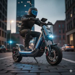 A rider in full gear operating a large, high-performance fast electric scooter 60mph on an open road.