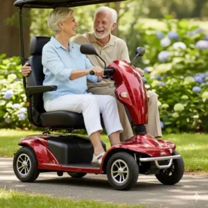 Demonstrating the generous legroom and flat foot space on this 2 seater mobility scooter.
