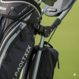 Golf bag securely attached to the 2 wheel golf buggy using adjustable straps for a stable carry.