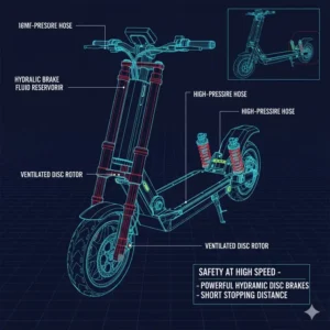 Close-up of the hydraulic disc brakes on the best 40 mph electric scooter for maximum safety.