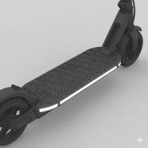 Textured, non-slip foot deck of a 2 wheeled stand up scooter, emphasizing safety and rider grip.