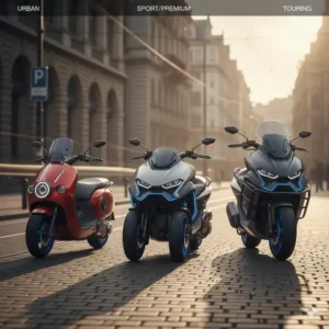 Comparison of three different models of scooter with two wheels in front, showcasing design variations.