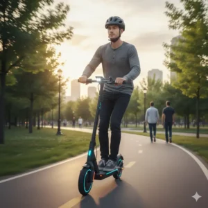 Rider wearing a helmet while safely operating a 20 mph scooter on a bike path. 