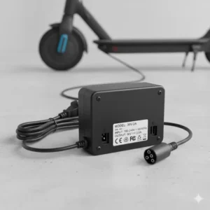 Rear view of the 3 prong scooter charger clearly showing the input and output specifications on the label.