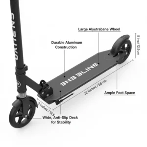 Image illustrating the wide, non-slip deck size of the 2 foot scooter for stability.