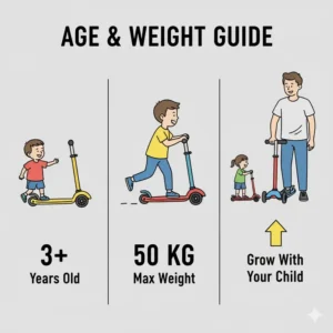 Graphic illustrating the recommended age range and weight limit for a safe, sturdy two wheel scooter for kids.