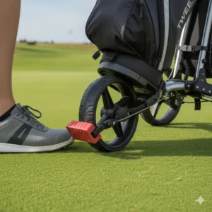 Image showing the foot-operated parking brake engaged on the 2 wheel golf buggy to keep it stationary on slopes.