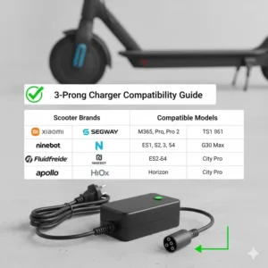 Compatibility chart showing various scooter models that work with this 3 prong scooter charger.