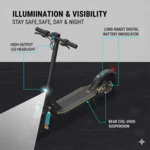 Bright LED lights for enhanced visibility on a 30 miles per hour electric scooter at night. 