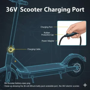 Image highlighting the location of the easily accessible charging port for the 36V electric scooter.