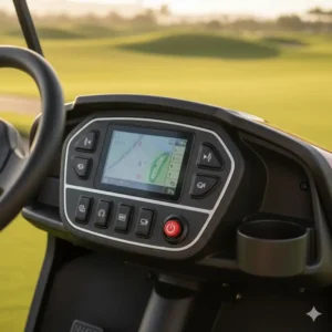 Macro shot of the intuitive control panel and cup holder area of the latest model of 3 wheel electric golf cart.