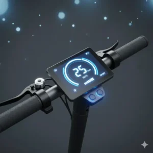Clear image of the digital LCD display on a 2 wheel electric scooter, showing speed, battery life, and ride mode.