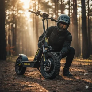 "A rider inspecting the durable electric scooter off road tires before embarking on an adventure, emphasizing readiness and safety for rugged trails."