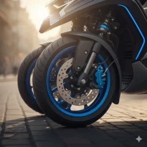 Detailed image of the brake system on the dual front wheels of the scooter with two wheels in front.