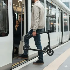 Man easily carrying a lightweight, folded 2 wheeled stand up scooter by the stem onto public transport.