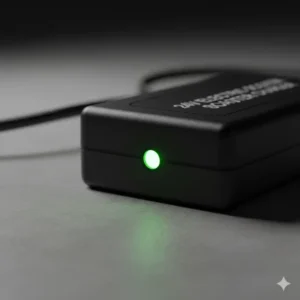 Clear visual of the LED indicator on the 24v electric scooter battery charger showing a 'Fully Charged' green light.