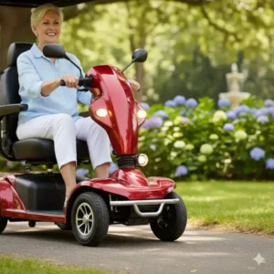Safety features including bright LED headlamps and horn on the 2 seater mobility scooter.